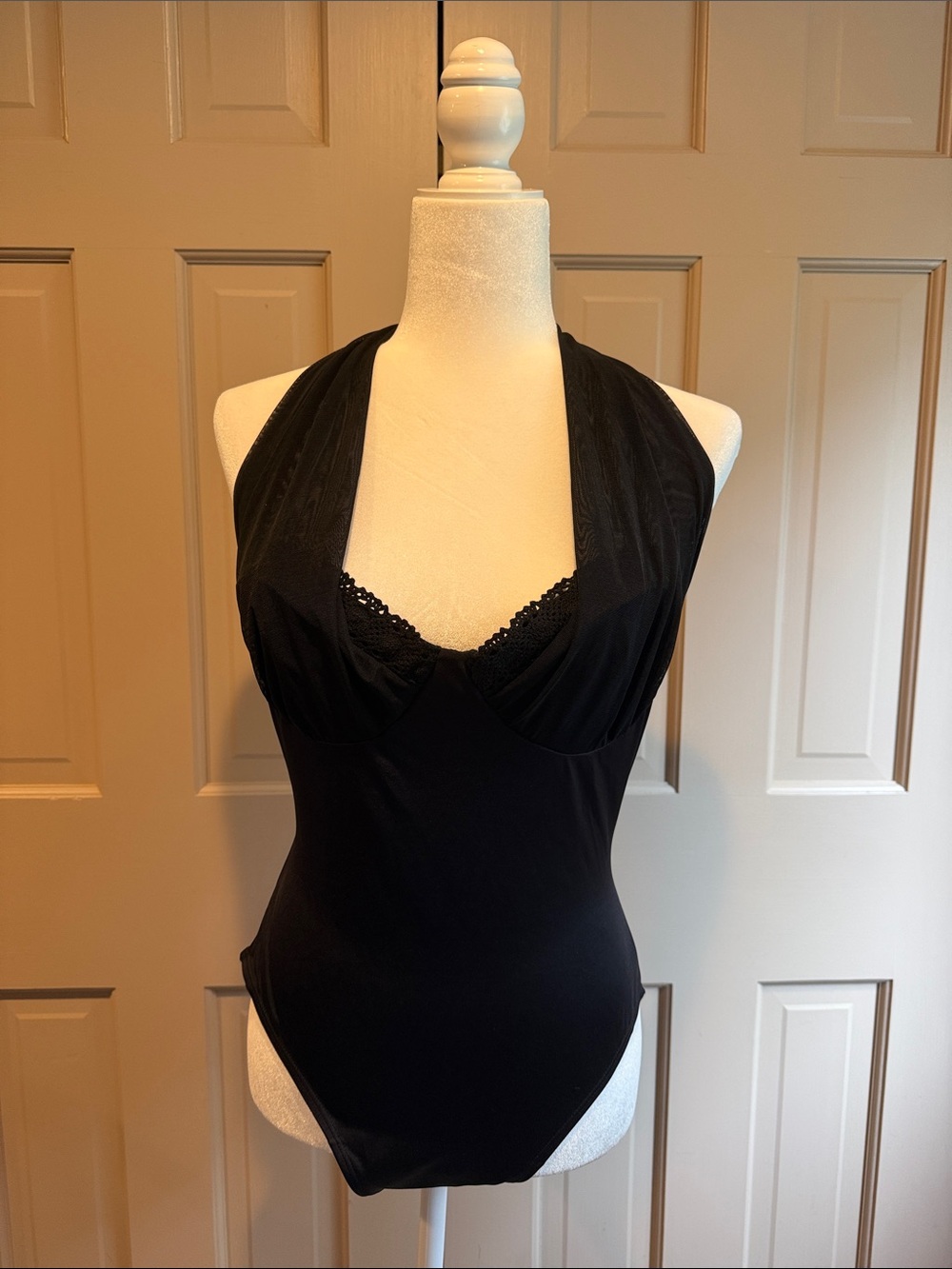 Black Halter Lace-Trim one piece Bathing suit - Sun Streak